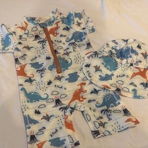 Baby Dinosaur Print Rash Guard Swimsuit Set - Blue & Orange
